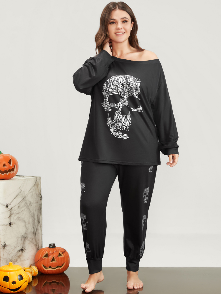 

Plus Size Halloween Skull Print One Shoulder Pajama Set Women DimGray Skull Print Printed Long Sleeve One Shoulder Casual Loungewear Sets BloomChic