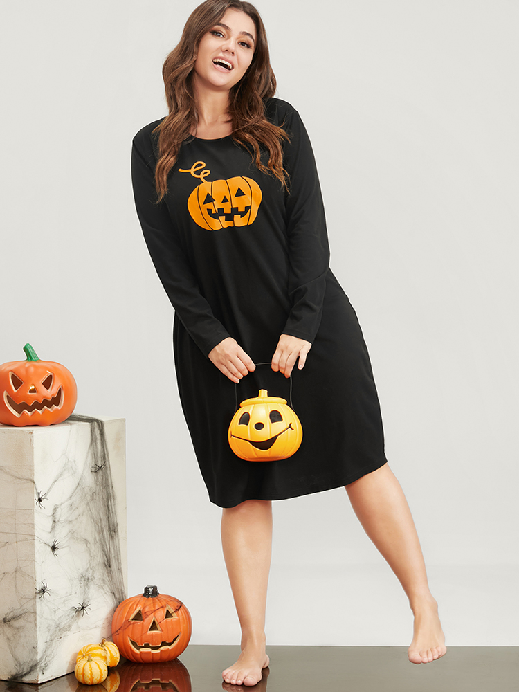 

Plus Size Halloween Pumpkin Print Bodycon Dress Black Long Sleeve Round Neck Casual Dailywear  Bloomchic