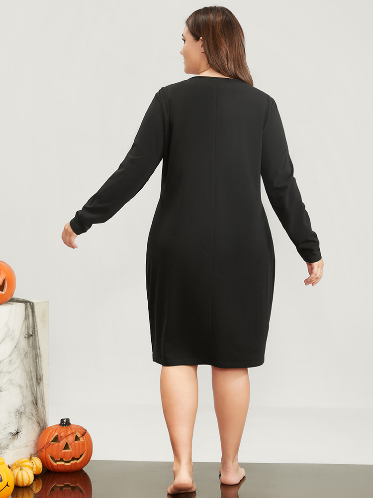 

Plus Size Halloween Pumpkin Print Bodycon Dress Black Long Sleeve Round Neck Casual Dailywear  Bloomchic