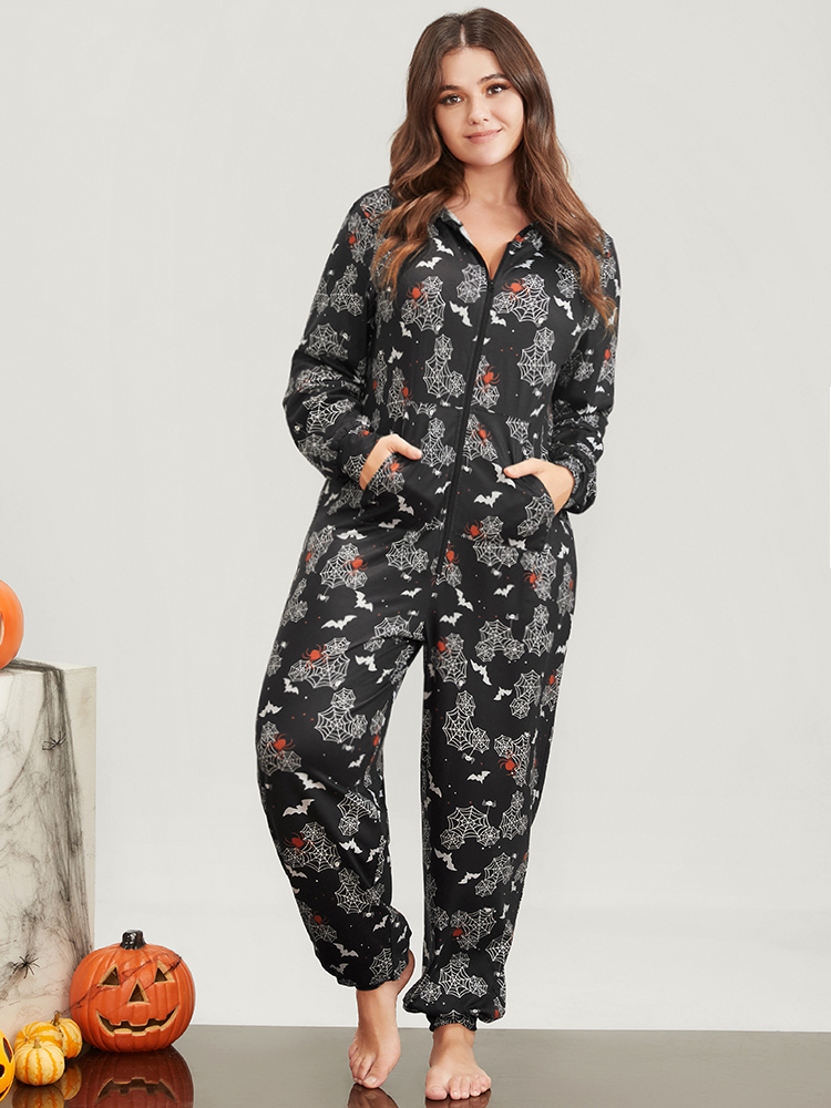 

Plus Size Halloween Print Pocket Zip Up Jumpsuit Women Black Elegant Graphic-Halloween Zipper Hooded Pocket Loungewear BloomChic