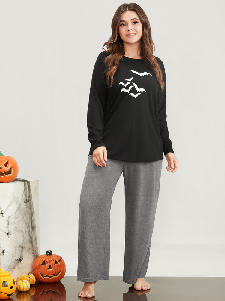 Plus Size Women Dailywear Graphic-Halloween Printed Regular Sleeve Long Sleeve Round Neck Casual Loungewear BloomChic 