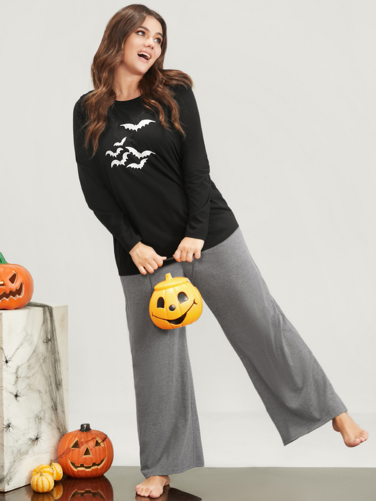 Plus Size Women Dailywear Graphic-Halloween Printed Regular Sleeve Long Sleeve Round Neck Casual Loungewear BloomChic 