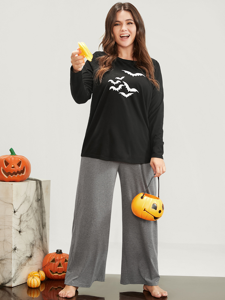Plus Size Women Dailywear Graphic-Halloween Printed Regular Sleeve Long Sleeve Round Neck Casual Loungewear BloomChic 