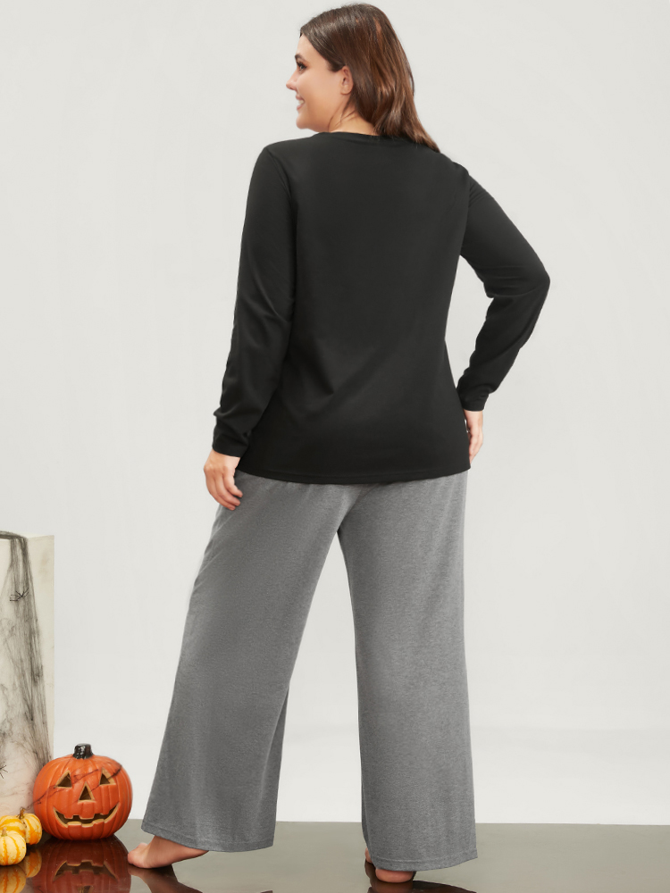 Plus Size Women Dailywear Graphic-Halloween Printed Regular Sleeve Long Sleeve Round Neck Casual Loungewear BloomChic 