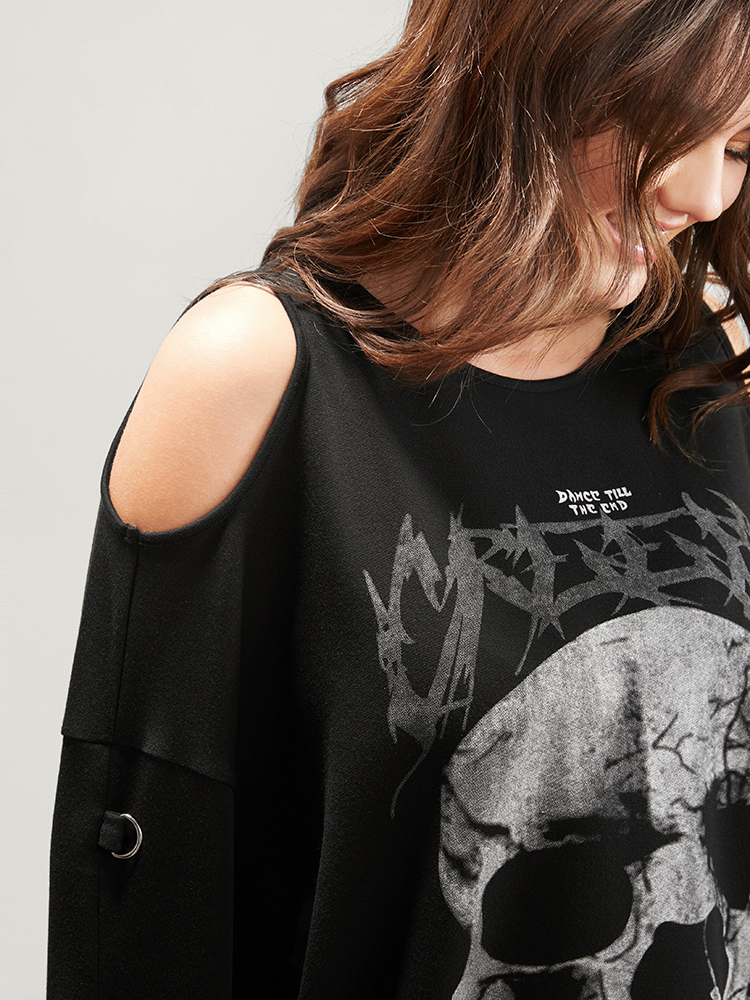 

Plus Size Halloween Skull Print Cold Shoulder Sweatshirt Women Black Elegant Printed Round Neck Dailywear Sweatshirts BloomChic