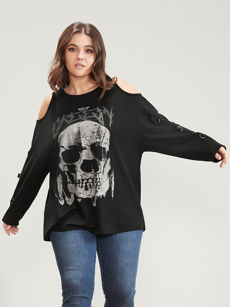 Plus Size Women Dailywear Skull Print Printed Regular Regular Sleeve Long Sleeve Cold Shoulder Elegant Sweatshirts BloomChic 