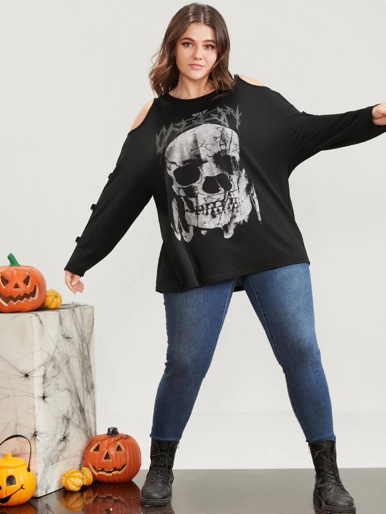 Plus Size Women Dailywear Skull Print Printed Regular Regular Sleeve Long Sleeve Cold Shoulder Elegant Sweatshirts BloomChic 