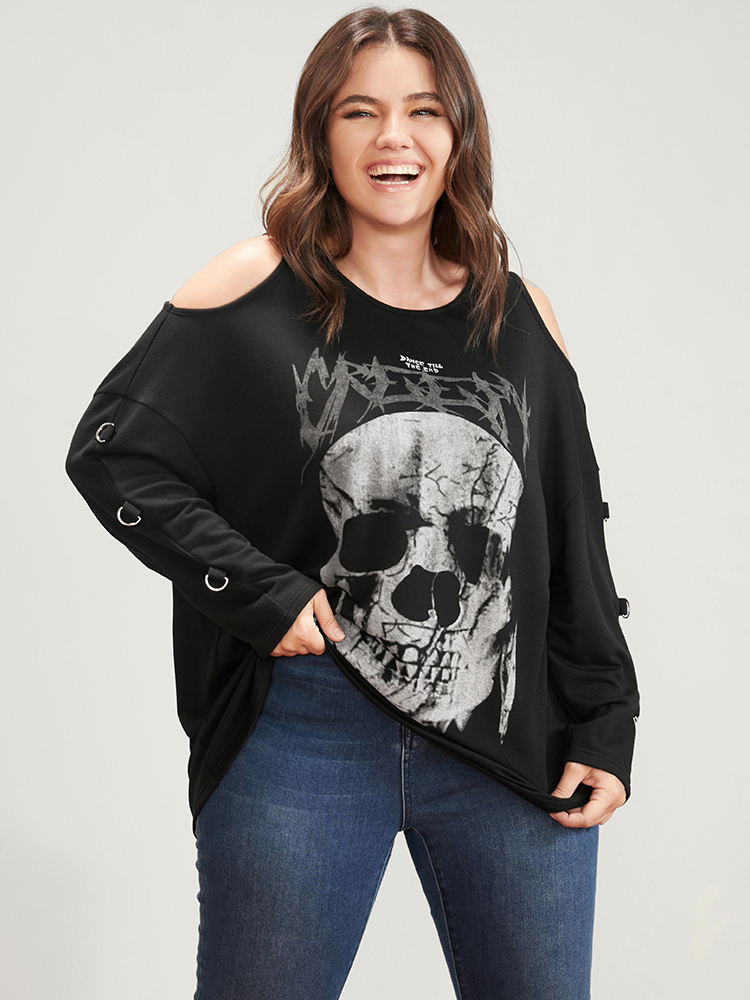 Plus Size Women Dailywear Skull Print Printed Regular Regular Sleeve Long Sleeve Cold Shoulder Elegant Sweatshirts BloomChic 