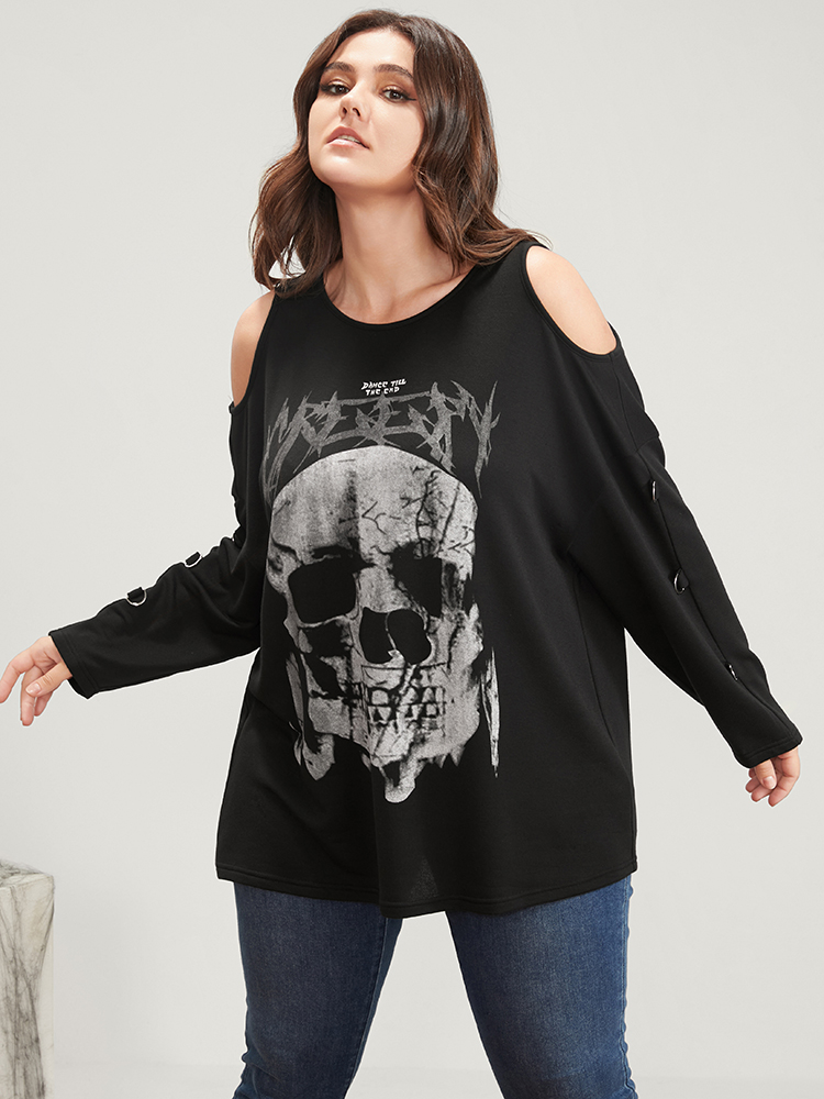 Plus Size Women Dailywear Skull Print Printed Regular Regular Sleeve Long Sleeve Cold Shoulder Elegant Sweatshirts BloomChic 
