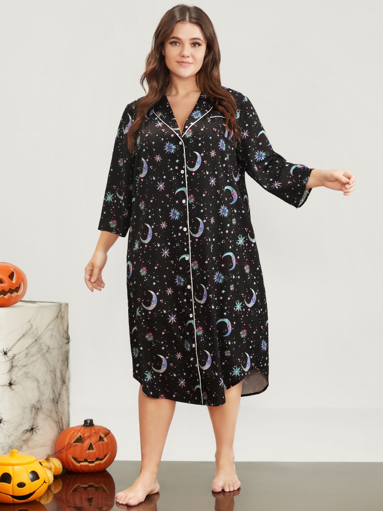 

Plus Size Halloween Lapel Collar Button Through Arc Hem Dress Black Elbow-length sleeve Lapel Collar Casual Dailywear  Bloomchic