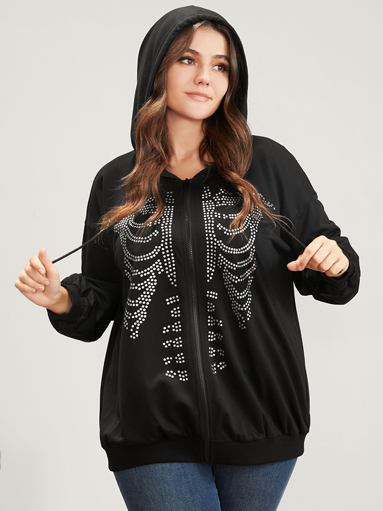 

Plus Size Halloween Skeleton Print Zip Up Drawstring Hooded Sweatshirt Women Black Casual Printed Hooded Dailywear Sweatshirts BloomChic