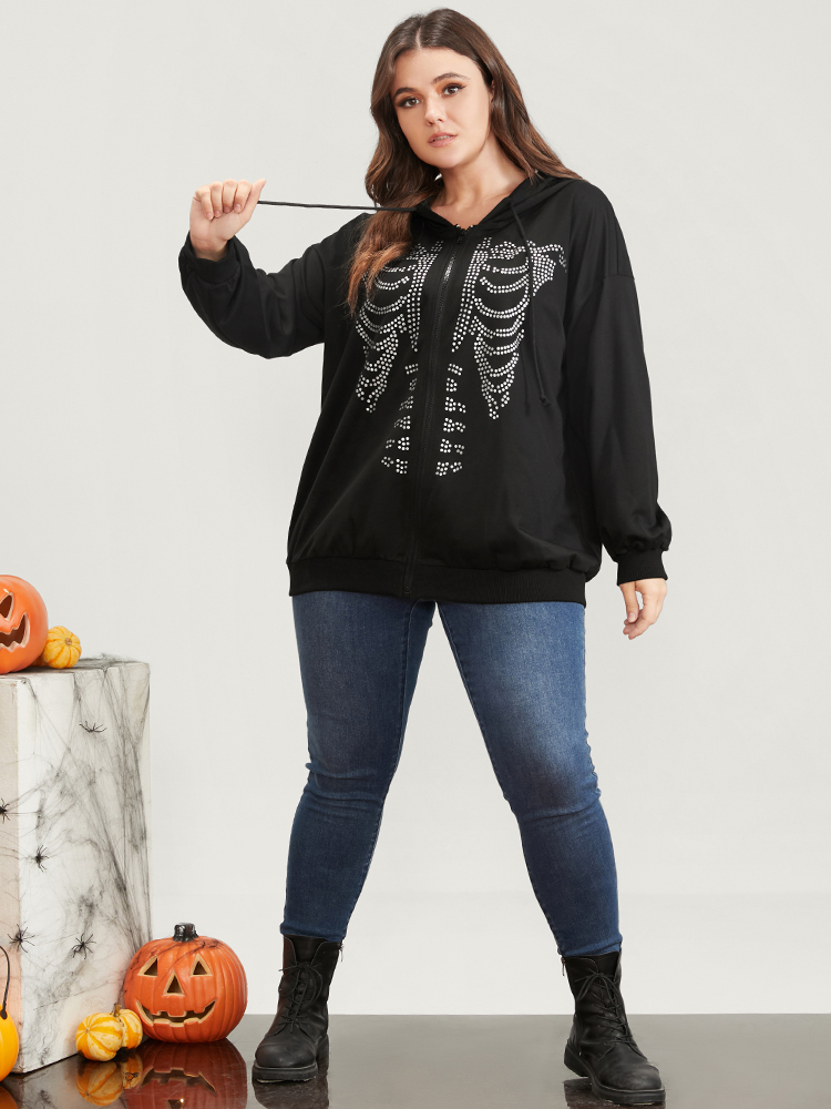 Plus Size Halloween Skeleton Print Zip Up Drawstring Hooded Sweatshirt Women Black Casual Printed Hooded Dailywear Sweatshirts BloomChic 12/L 