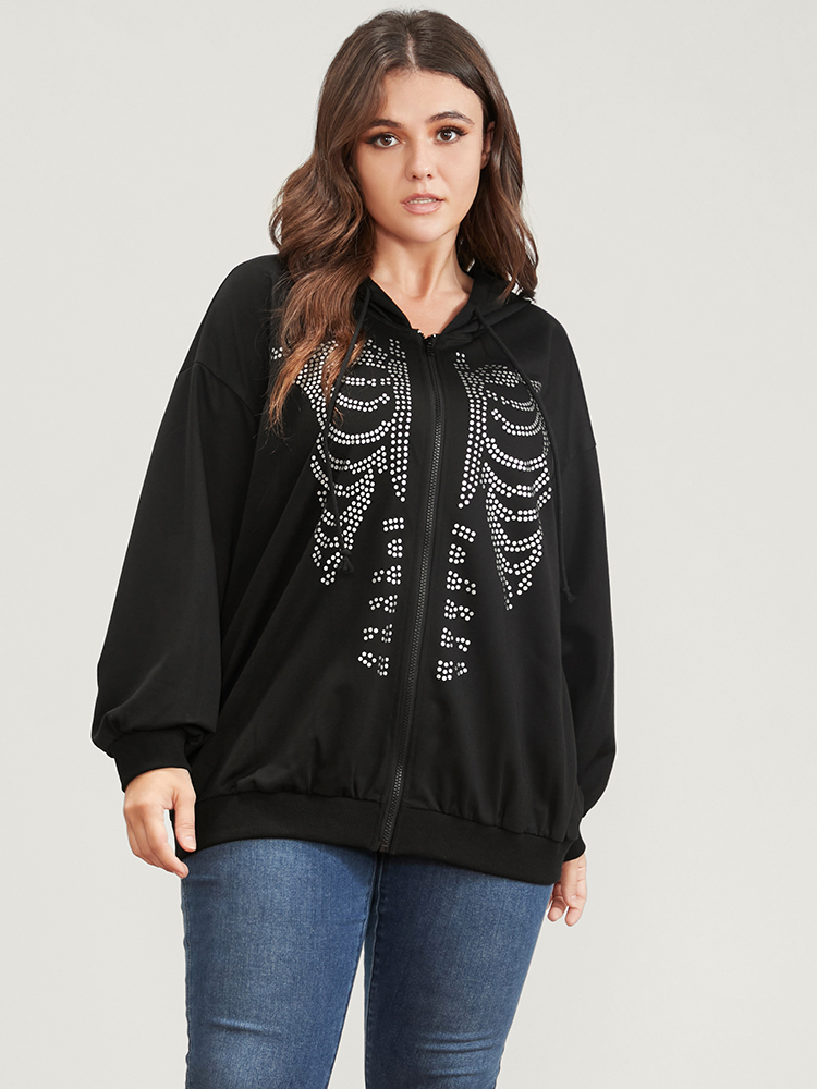 Plus Size Halloween Skeleton Print Zip Up Drawstring Hooded Sweatshirt Women Black Casual Printed Hooded Dailywear Sweatshirts BloomChic 12/L 