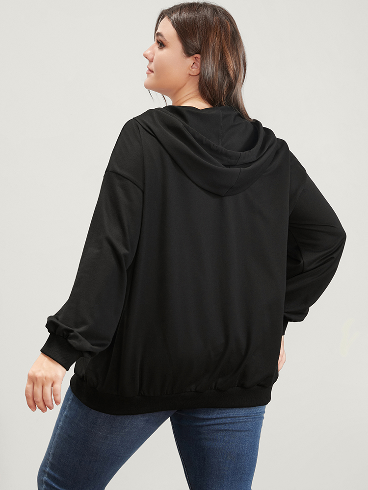 Plus Size Halloween Skeleton Print Zip Up Drawstring Hooded Sweatshirt Women Black Casual Printed Hooded Dailywear Sweatshirts BloomChic 12/L 