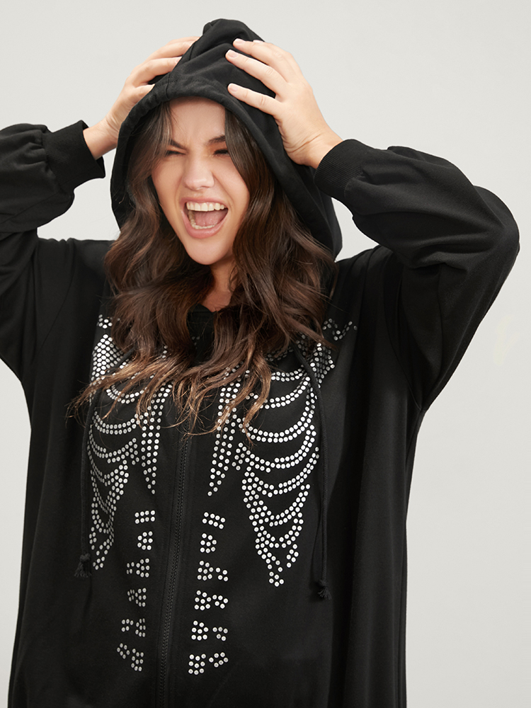 Plus Size Halloween Skeleton Print Zip Up Drawstring Hooded Sweatshirt Women Black Casual Printed Hooded Dailywear Sweatshirts BloomChic 12/L 