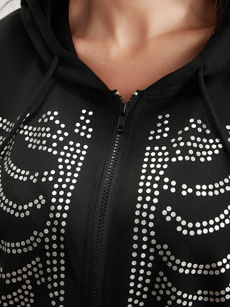 Plus Size Halloween Skeleton Print Zip Up Drawstring Hooded Sweatshirt Women Black Casual Printed Hooded Dailywear Sweatshirts BloomChic 12/L 
