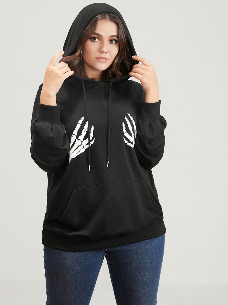 

Plus Size Halloween Skeleton Hand Print Pocket Drawstring Hooded Sweatshirt Women Black Casual Pocket Loose Hooded Dailywear Sweatshirts BloomChic