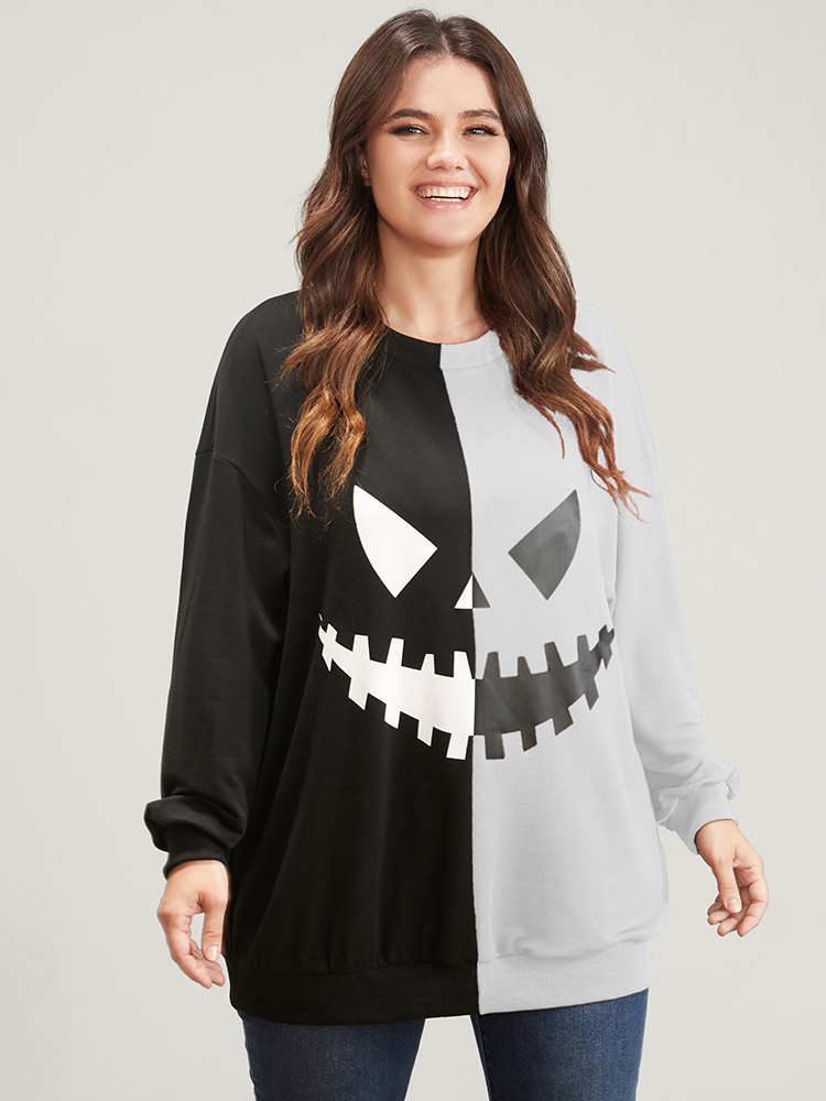 Plus Size Halloween Contrast Drop Shoulder Sweatshirt Women WhiteSmoke Party Contrast Round Neck Festival-Halloween Sweatshirts BloomChic 10/M 