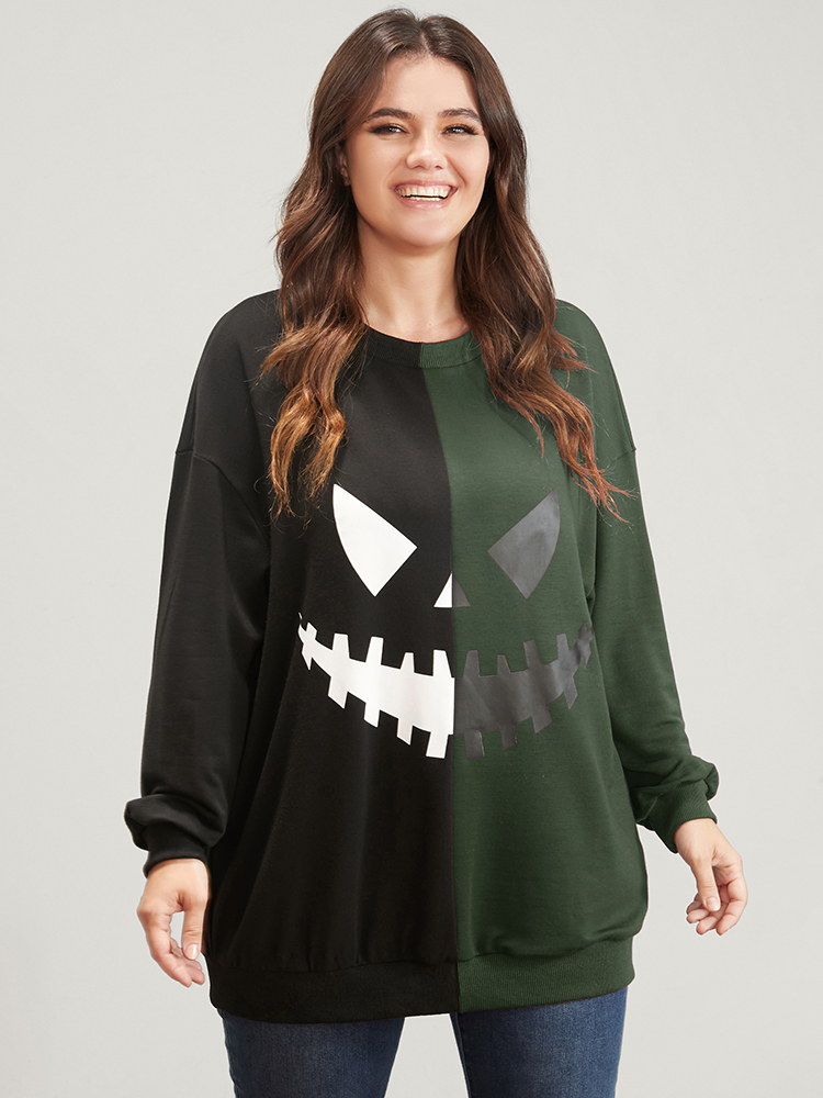 Plus Size Women Festival-Halloween Graphic-Halloween Contrast Regular Regular Sleeve Long Sleeve Round Neck Party Sweatshirts BloomChic 
