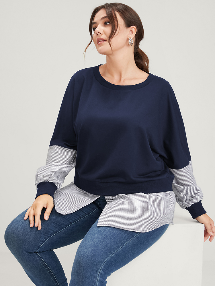 

Plus Size Vertical Striped Contrast 2-In-1 Sweatshirt Women DarkBlue Casual Patchwork Round Neck Dailywear Sweatshirts BloomChic