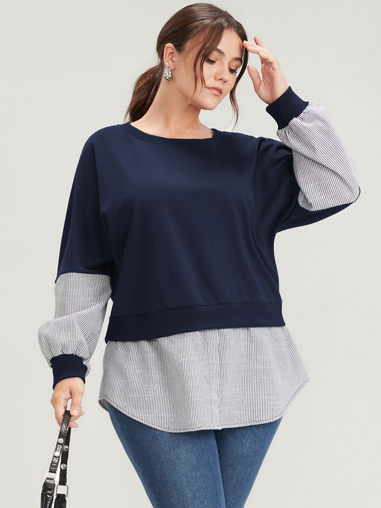 

Plus Size Vertical Striped Contrast 2-In-1 Sweatshirt Women DarkBlue Casual Patchwork Round Neck Dailywear Sweatshirts BloomChic