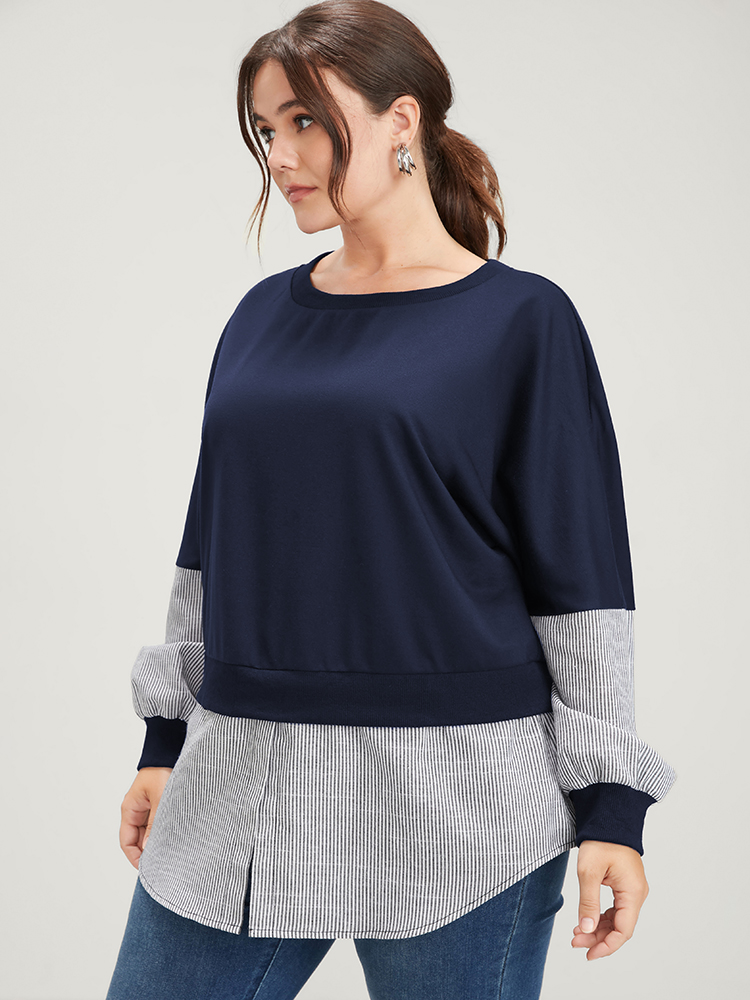 Plus Size Vertical Striped Contrast 2-In-1 Sweatshirt Women DarkBlue Casual Patchwork Round Neck Dailywear Sweatshirts BloomChic 18-20/2X 