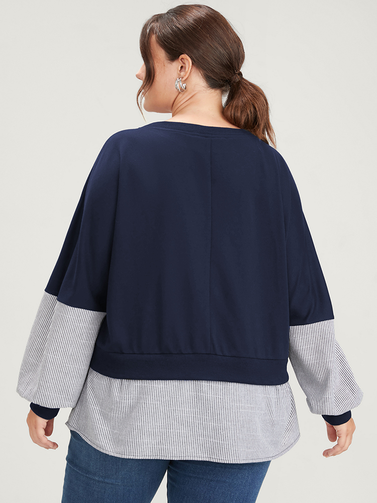 Plus Size Vertical Striped Contrast 2-In-1 Sweatshirt Women DarkBlue Casual Patchwork Round Neck Dailywear Sweatshirts BloomChic 18-20/2X 
