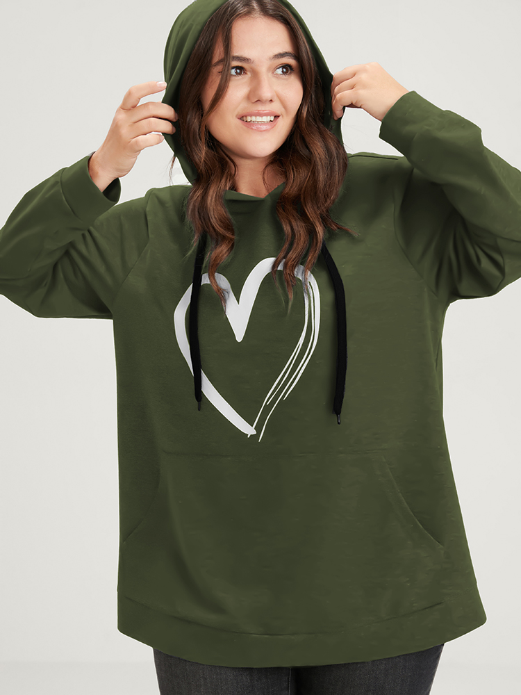 

Plus Size Heart Print Drop Shoulder Pocket Drawstring Hooded Sweatshirt Women ArmyGreen Casual Plain Hooded Dailywear Sweatshirts BloomChic