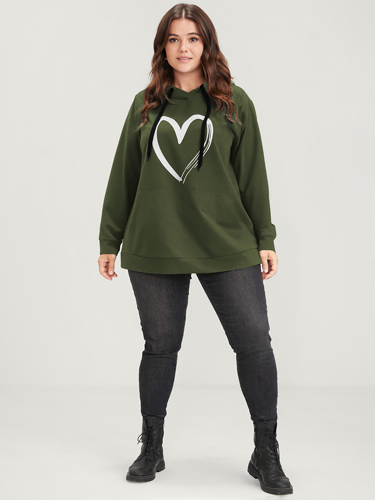 Plus Size Heart Print Drop Shoulder Pocket Drawstring Hooded Sweatshirt Women ArmyGreen Casual Plain Hooded Dailywear Sweatshirts BloomChic 14-16/1X 