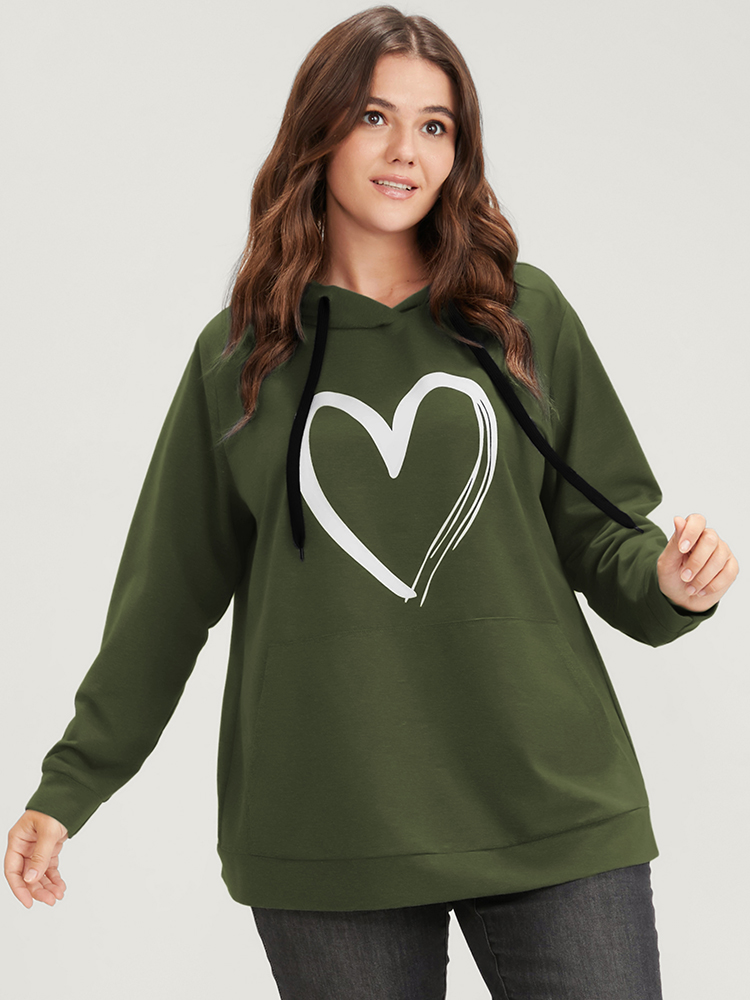 

Plus Size Heart Print Drop Shoulder Pocket Drawstring Hooded Sweatshirt Women ArmyGreen Casual Plain Hooded Dailywear Sweatshirts BloomChic