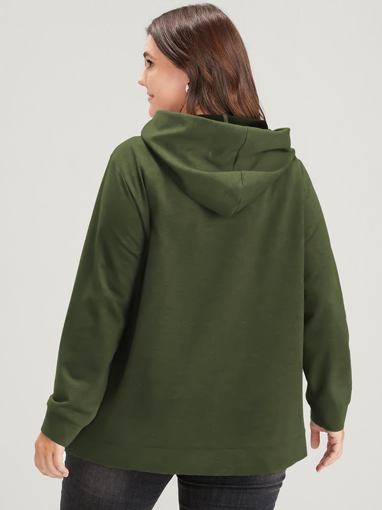 Plus Size Heart Print Drop Shoulder Pocket Drawstring Hooded Sweatshirt Women ArmyGreen Casual Plain Hooded Dailywear Sweatshirts BloomChic 14-16/1X 