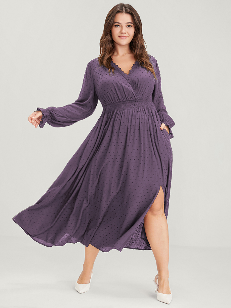 

Plus Size Polka Dot Pocket Lantern Sleeve Lace Trim Shirred Dress Mauve Women Elegant Cross straps V-neck Long Sleeve Curvy Long Dress BloomChic