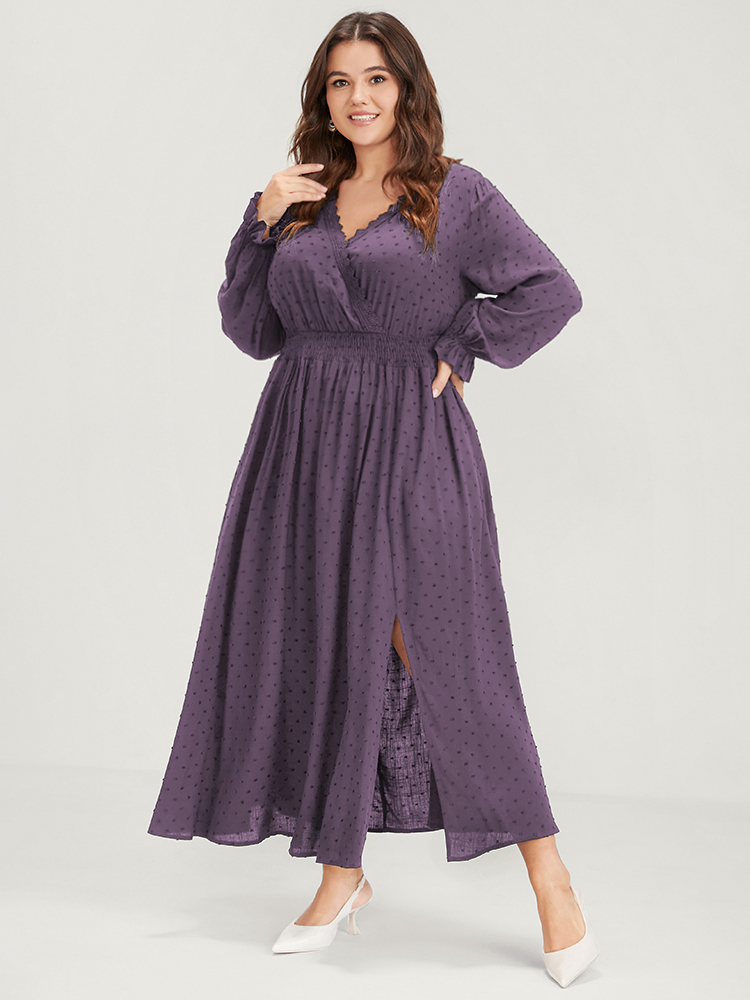 

Plus Size Polka Dot Pocket Lantern Sleeve Lace Trim Shirred Dress Mauve Women Elegant Cross straps V-neck Long Sleeve Curvy Long Dress BloomChic