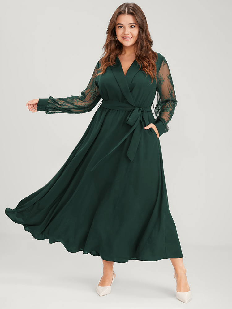 

Plus Size Solid Lace Lantern Sleeve Button Lapel Collar Belted Maxi Dress DarkGreen Women Elegant Cross straps Lapel Collar Long Sleeve Curvy Long Dress BloomChic