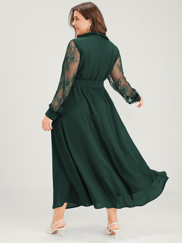 

Plus Size Solid Lace Lantern Sleeve Button Lapel Collar Belted Maxi Dress DarkGreen Women Elegant Cross straps Lapel Collar Long Sleeve Curvy Long Dress BloomChic