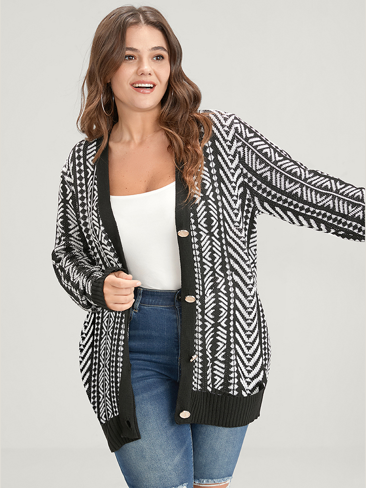 

Plus Size Bandana Geometric Pointelle Knit Contrast Button Front Cardigan Black Women Casual Loose Long Sleeve Dailywear Cardigans BloomChic