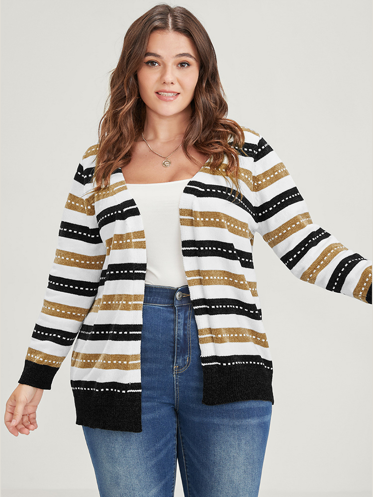 Striped Contrast Pointelle Knit Jacquard Open Front Cardigan BloomChic 