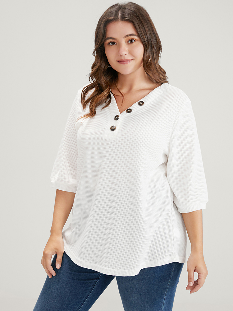 

Plus Size Plain Button V Neck Waffle Knit Tee WhiteSmoke Women Casual Button Plain V-neck Dailywear T-shirts BloomChic