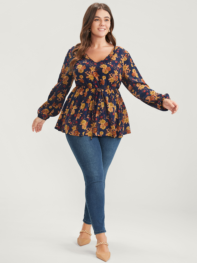 

Plus Size Midnight Floral Lantern Sleeve Ties Up V Neck Blouse Women Elegant Long Sleeve V-neck Dailywear Blouses BloomChic