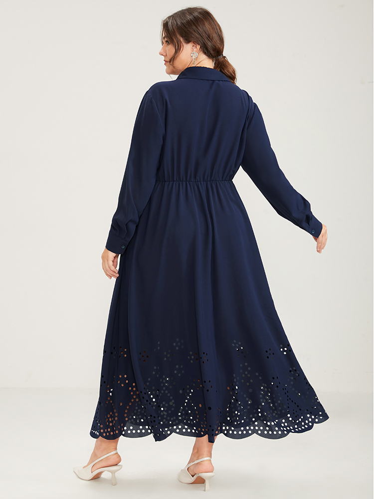 

Plus Size Solid Shirt Collar Pocket Button Up Laser Cut Flutter Dress Navy Women Office Cut-Out Shirt collar Long Sleeve Curvy Long Dress BloomChic