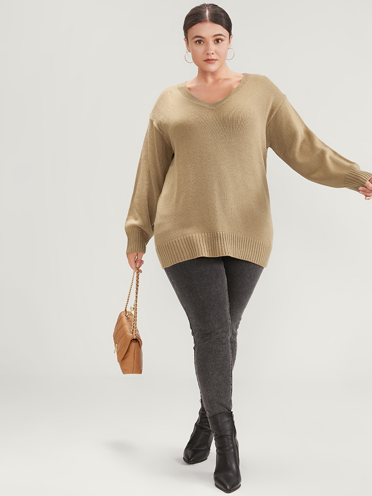 Plain Pointelle Knit V Neck Knit Top BloomChic 