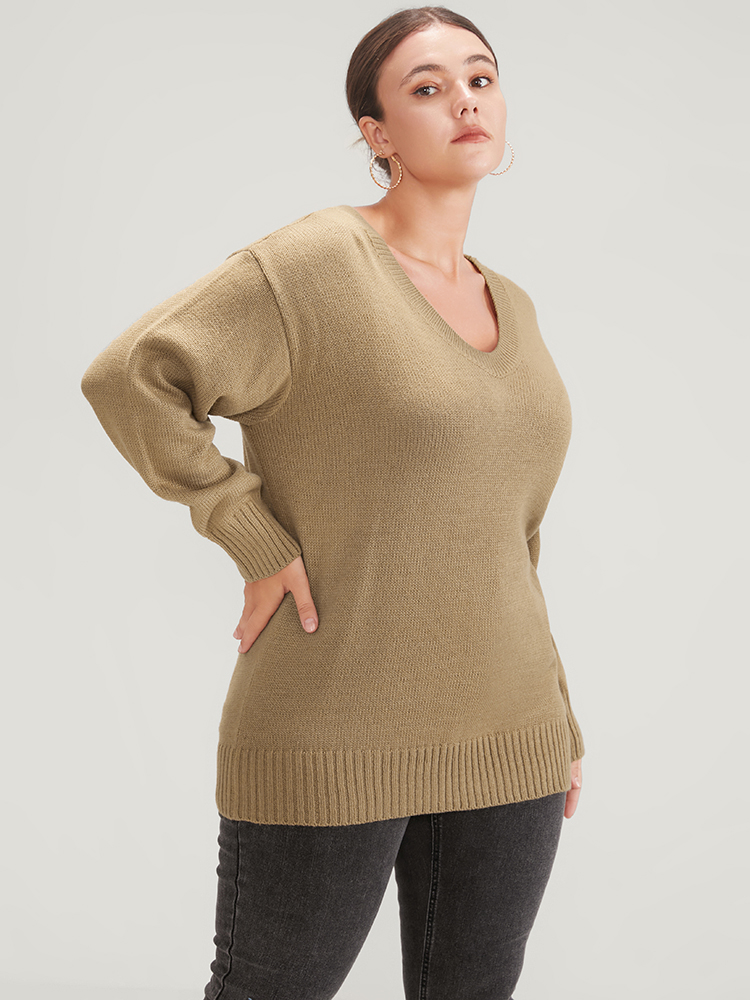 Plain Pointelle Knit V Neck Knit Top BloomChic 