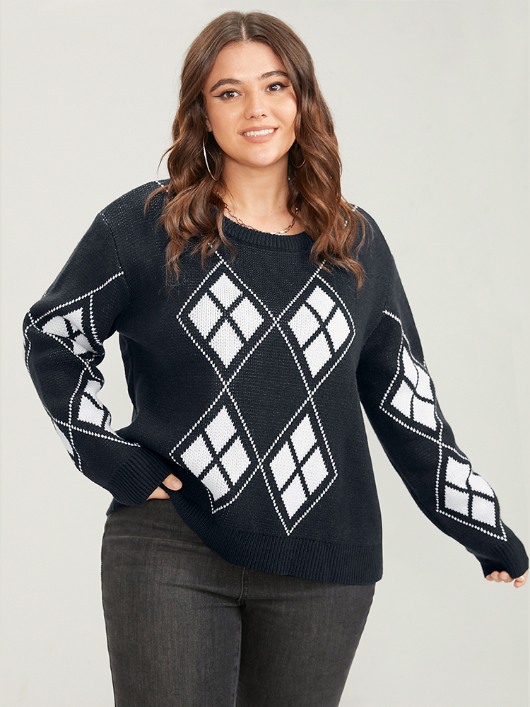 

Plus Size Geometric Contrast Pointelle Knit Round Neck Knit Top Black Women Casual Long Sleeve Round Neck Dailywear Pullovers BloomChic