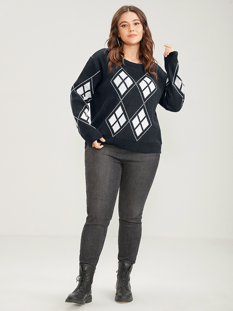 Geometric Contrast Pointelle Knit Round Neck Knit Top BloomChic 