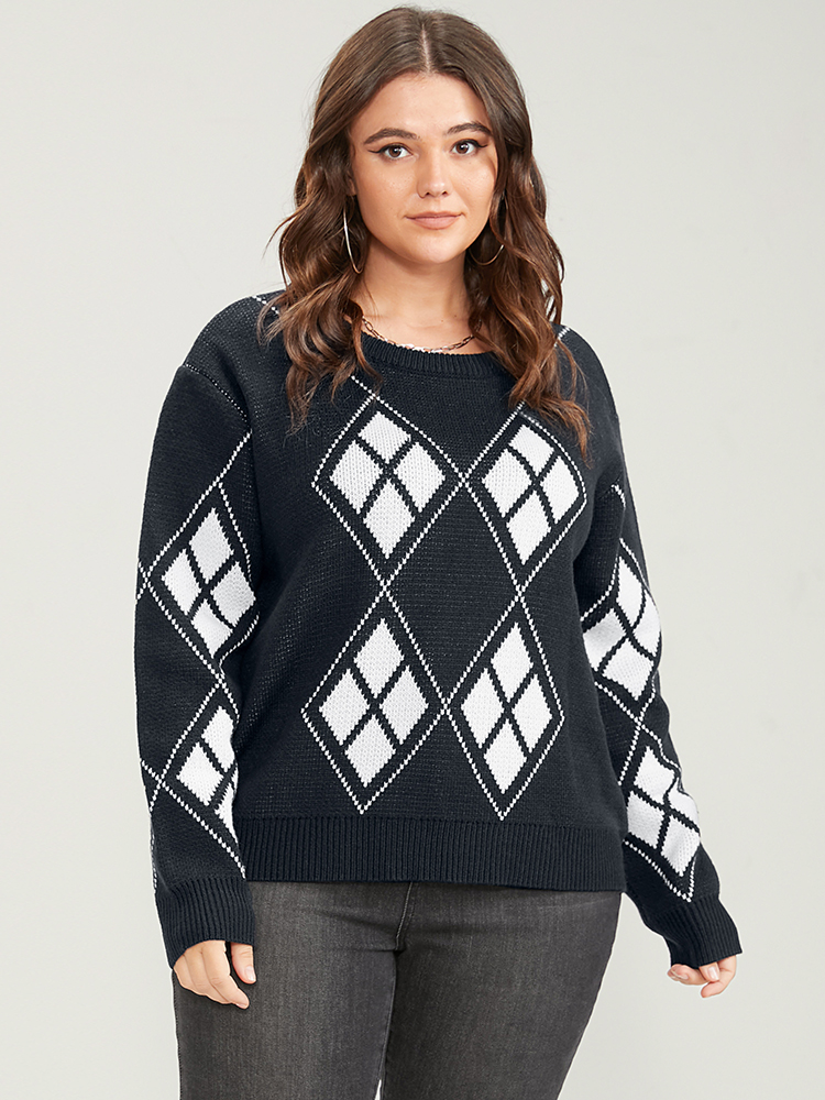 Geometric Contrast Pointelle Knit Round Neck Knit Top BloomChic 