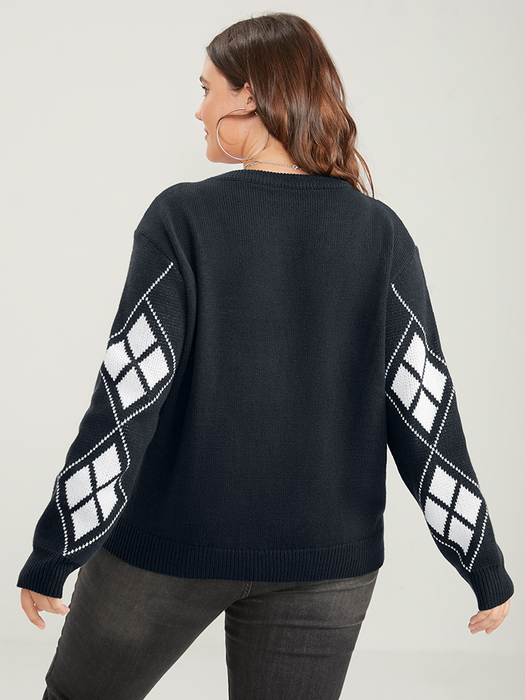 Geometric Contrast Pointelle Knit Round Neck Knit Top BloomChic 