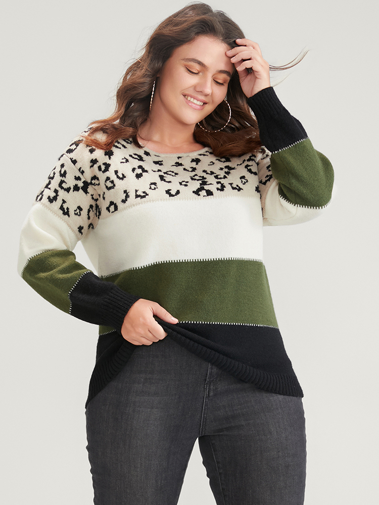 

Plus Size Leopard Colorblock Contrast Pointelle Knit Round Neck Knit Top Multicolor Women Casual Long Sleeve Round Neck Dailywear Pullovers BloomChic