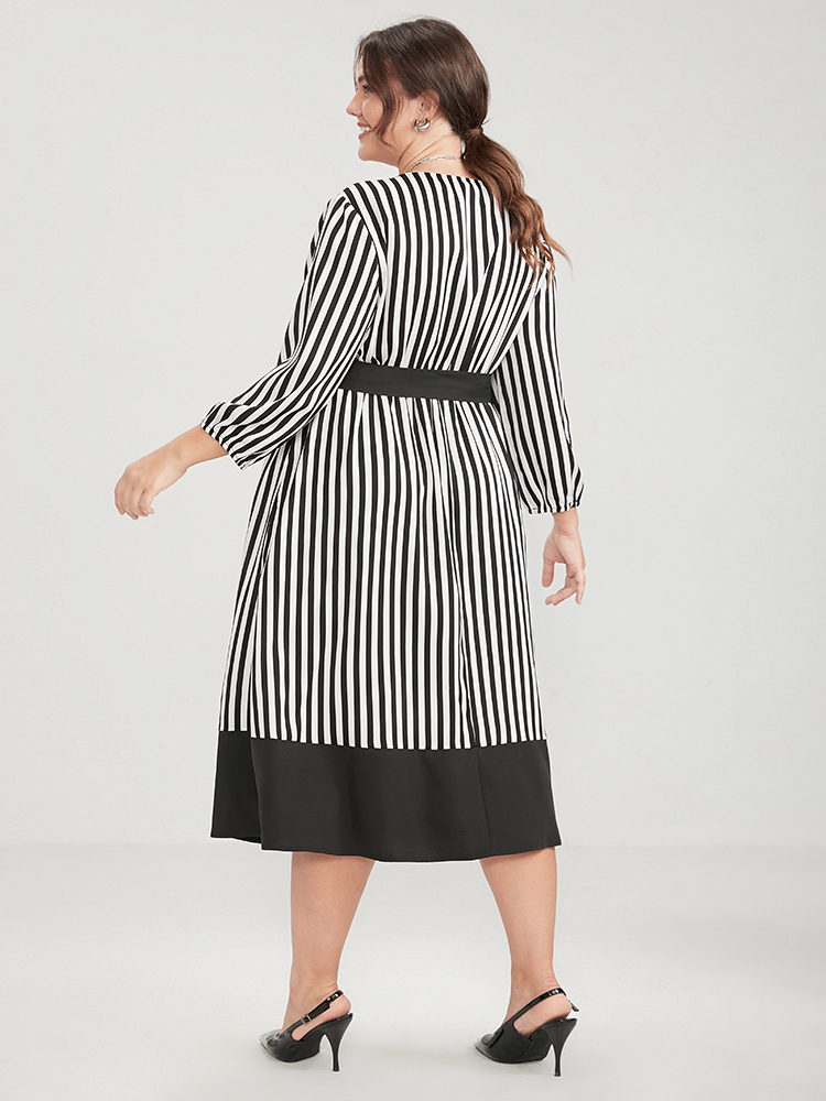 Plus Size Women Work Striped Belted Lantern Sleeve Elbow-length sleeve V-neck Pocket Belt Office Dresses BloomChic 