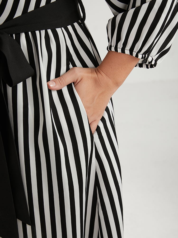 Plus Size Women Work Striped Belted Lantern Sleeve Elbow-length sleeve V-neck Pocket Belt Office Dresses BloomChic 