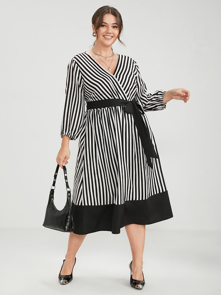 Plus Size Women Work Striped Belted Lantern Sleeve Elbow-length sleeve V-neck Pocket Belt Office Dresses BloomChic 